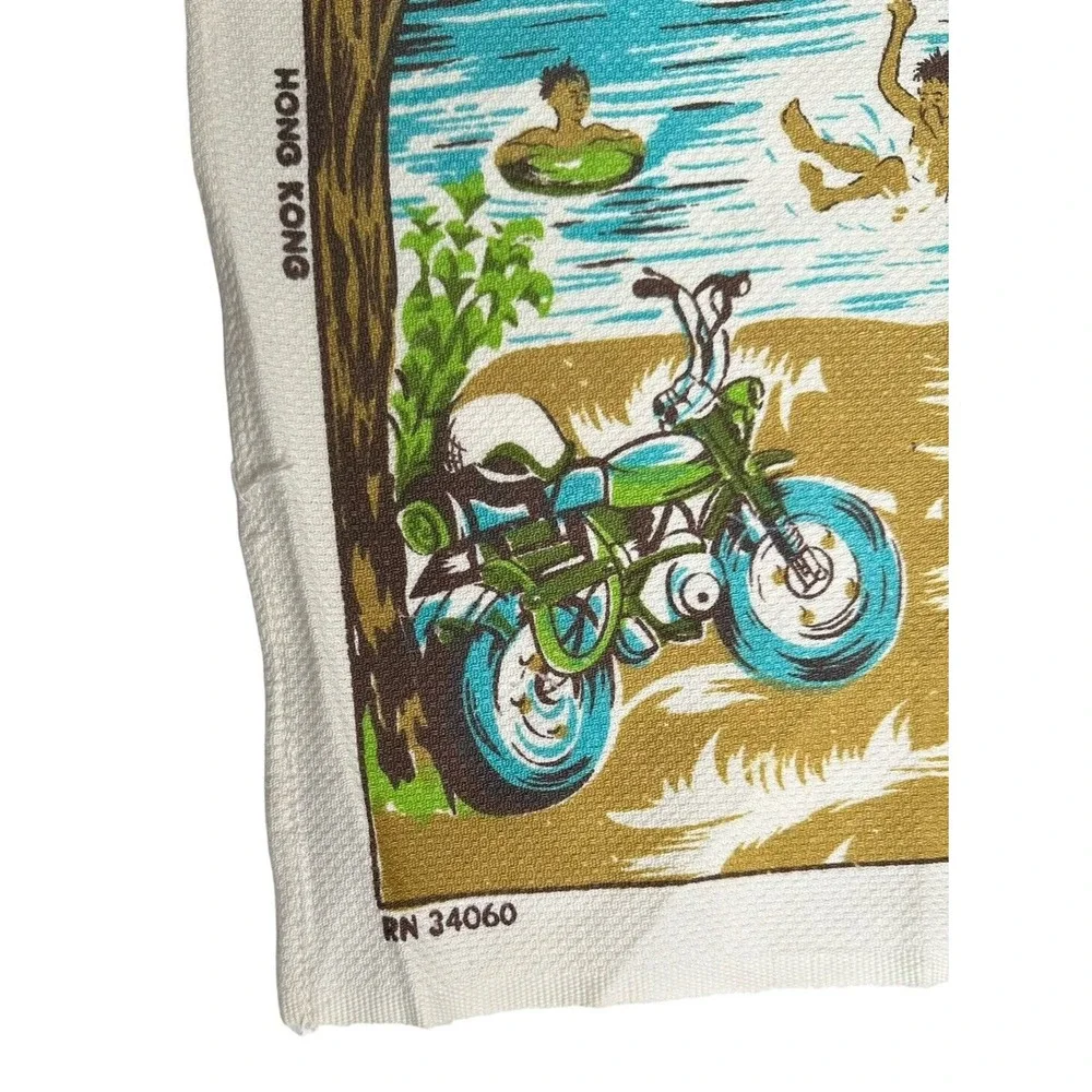 Vtg IDEAL‎ Dish Tea Towel Camping Fishing Swimming Motorcycle Oudoors Tapestry